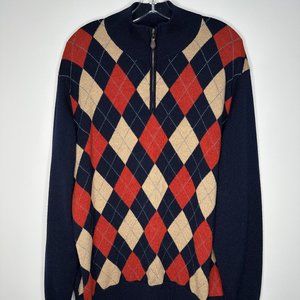Brooks Brothers Men's Size XL Navy Argyle 1/4 Zip Long Sleeve Sweater, EUC